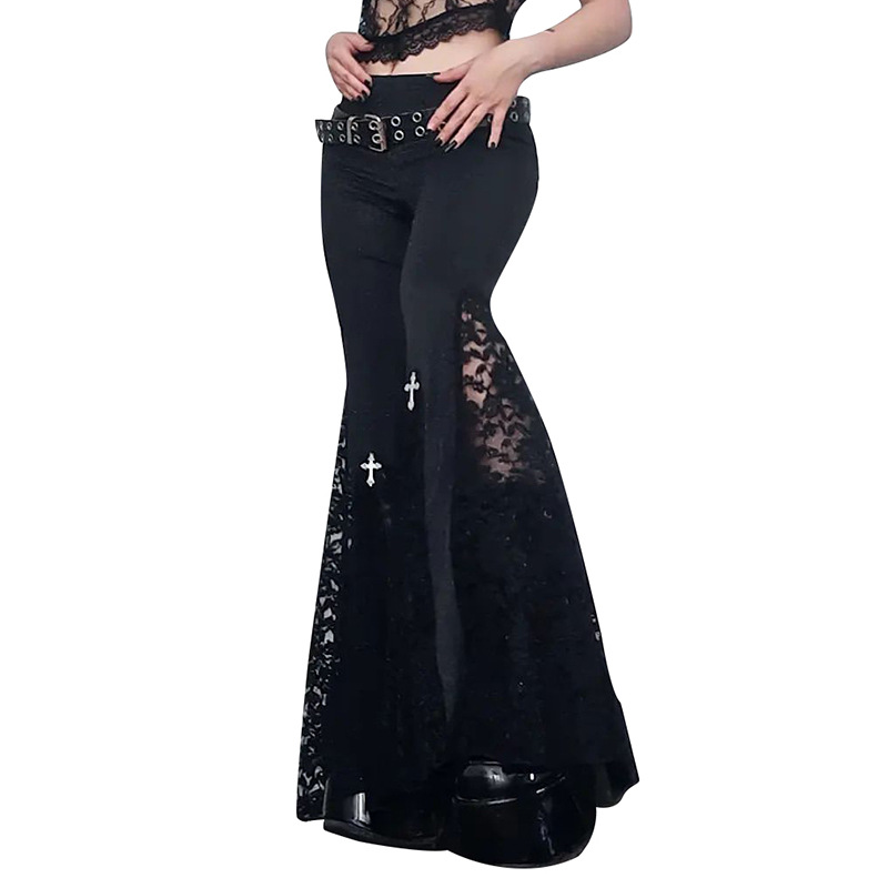 Women's Party Festival Sexy Dark Style Solid Color Full Length Lace Hollow Out Flared Pants display picture 11