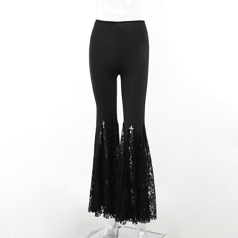 Women's Party Festival Sexy Dark Style Solid Color Full Length Lace Hollow Out Flared Pants display picture 12
