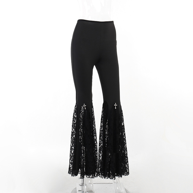 Women's Party Festival Sexy Dark Style Solid Color Full Length Lace Hollow Out Flared Pants display picture 13
