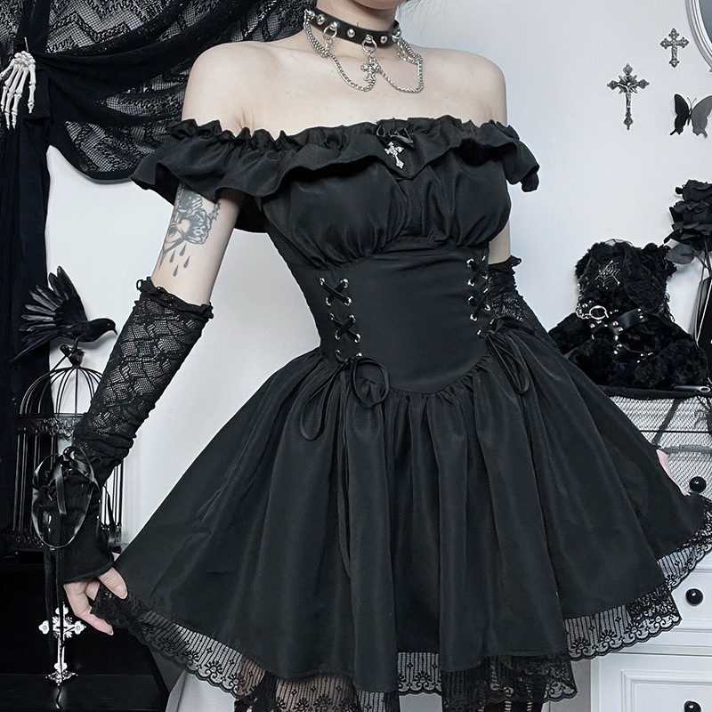 Femmes Robe Noire Sexy Style Sombre Col Bateau Dentelle Sans Manches Couleur Unie Au-dessus Du Genou Fête Festival display picture 2