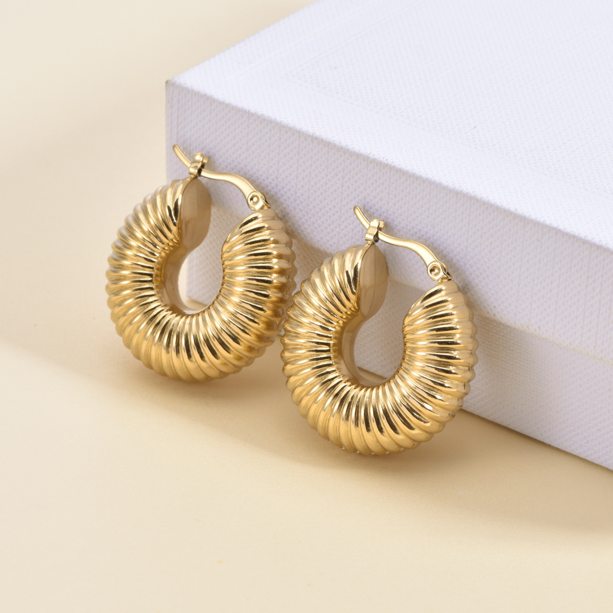 1 Pair Vintage Style Exaggerated Simple Style Round Oval Plating Metal Stainless Steel 18k Gold Plated Hoop Earrings display picture 11