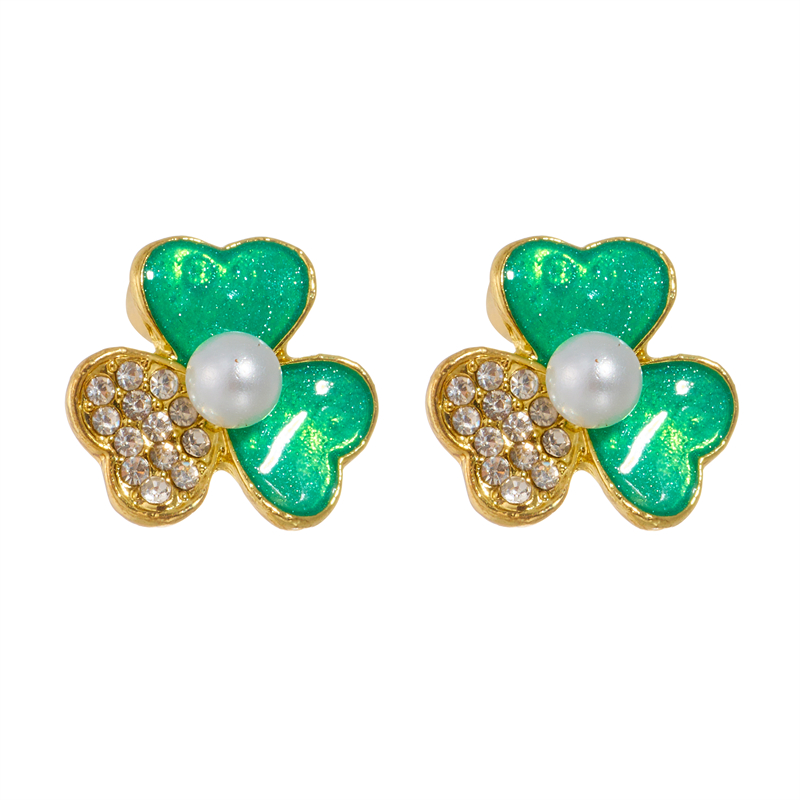 Wholesale Jewelry Casual Simple Style Shamrock Alloy Rhinestones Pearl Enamel Inlay Ear Studs display picture 1