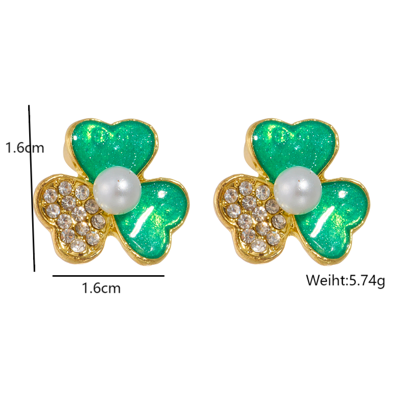 Wholesale Jewelry Casual Simple Style Shamrock Alloy Rhinestones Pearl Enamel Inlay Ear Studs display picture 10