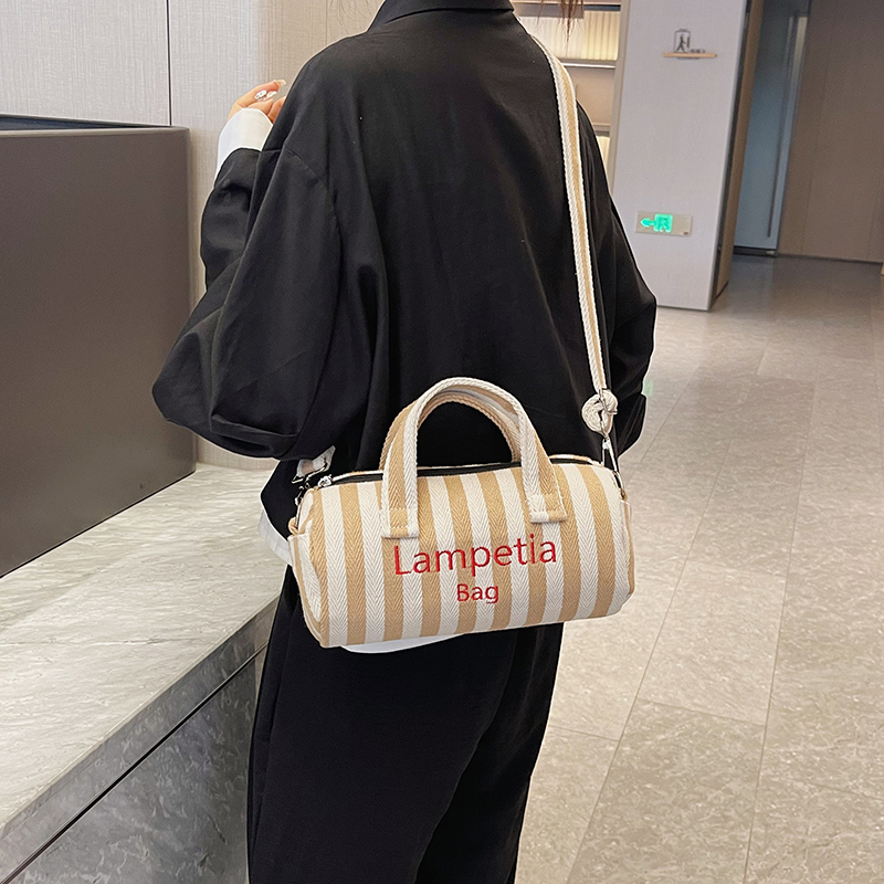 Women's Canvas Stripe Classic Style Sewing Thread Cylindrical Zipper Shoulder Bag Handbag Crossbody Bag display picture 12
