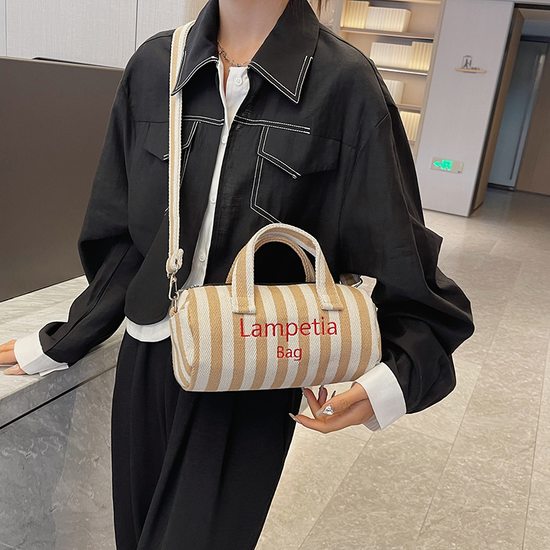 Women's Canvas Stripe Classic Style Sewing Thread Cylindrical Zipper Shoulder Bag Handbag Crossbody Bag display picture 16