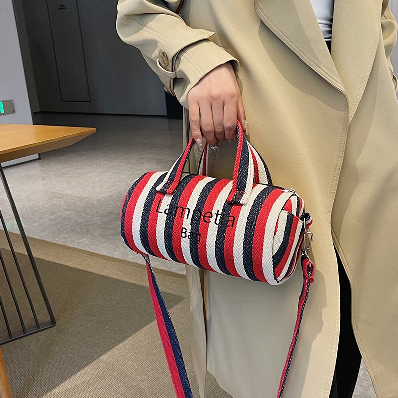 Women's Canvas Stripe Classic Style Sewing Thread Cylindrical Zipper Shoulder Bag Handbag Crossbody Bag display picture 3