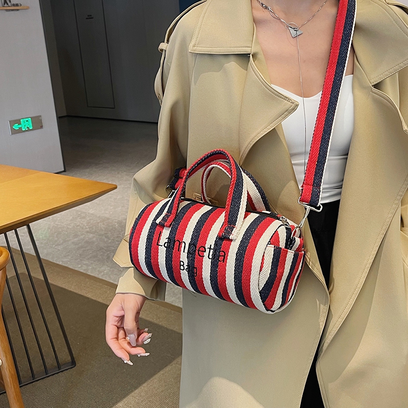 Women's Canvas Stripe Classic Style Sewing Thread Cylindrical Zipper Shoulder Bag Handbag Crossbody Bag display picture 9
