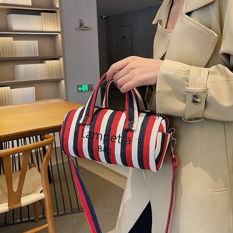 Women's Canvas Stripe Classic Style Sewing Thread Cylindrical Zipper Shoulder Bag Handbag Crossbody Bag display picture 11