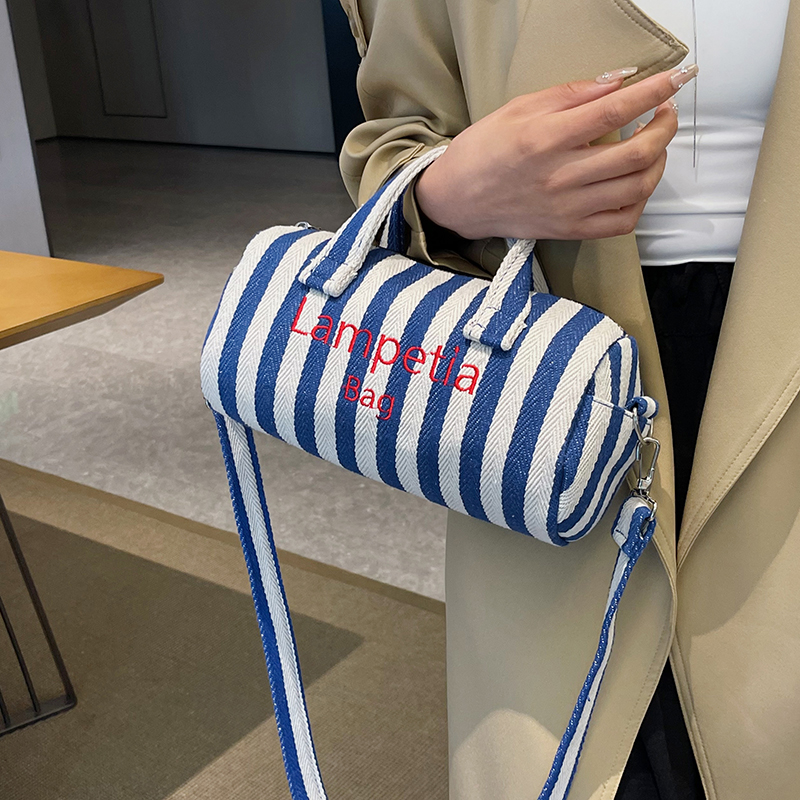 Women's Canvas Stripe Classic Style Sewing Thread Cylindrical Zipper Shoulder Bag Handbag Crossbody Bag display picture 5
