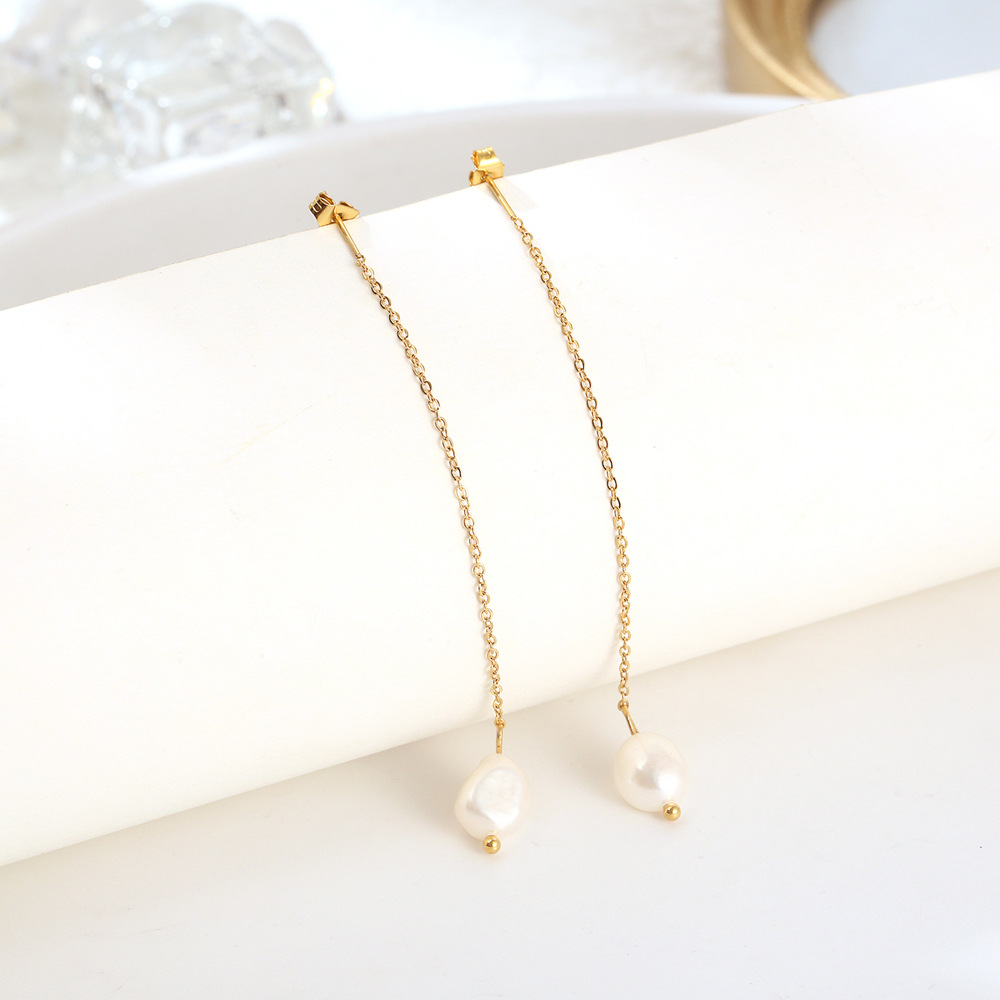 1 Pair Simple Style Printing Pearl 304 Stainless Steel 18K Gold Plated Ear Line display picture 6