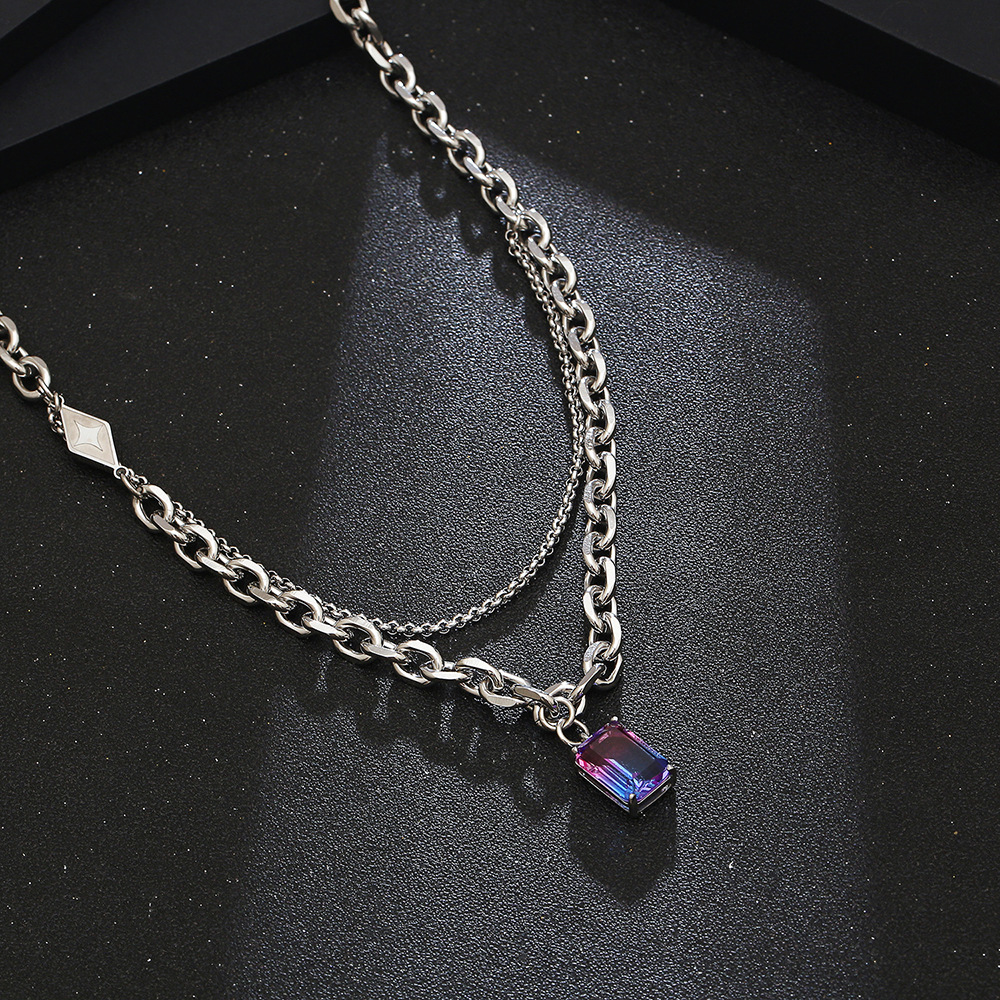 304 Stainless Steel Casual Simple Style Chain Inlay Rectangle Gem Pendant Necklace Long Necklace display picture 2