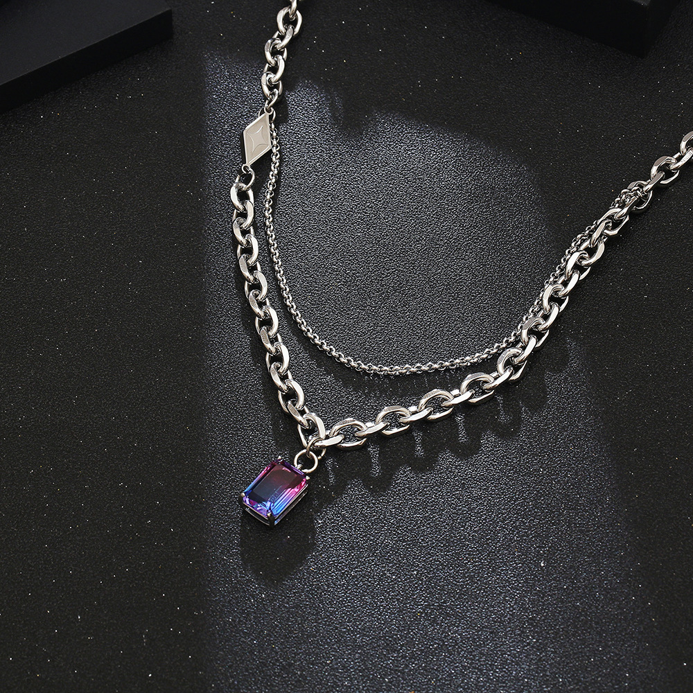 304 Stainless Steel Casual Simple Style Chain Inlay Rectangle Gem Pendant Necklace Long Necklace display picture 3