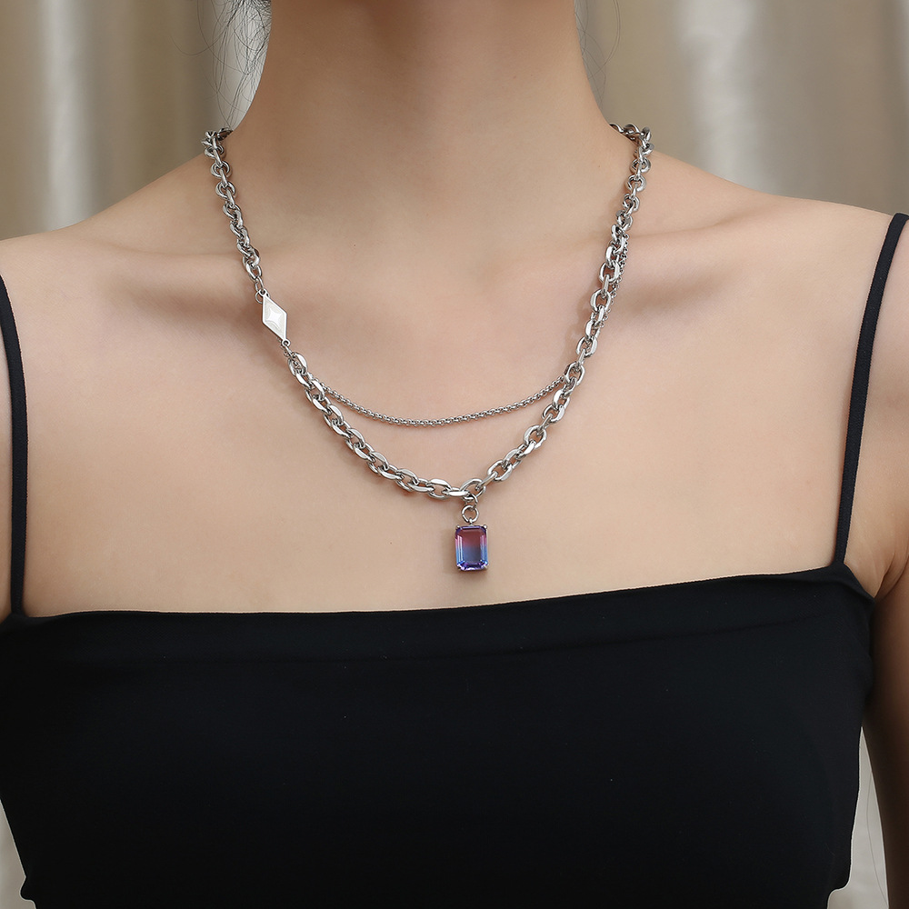304 Stainless Steel Casual Simple Style Chain Inlay Rectangle Gem Pendant Necklace Long Necklace display picture 5