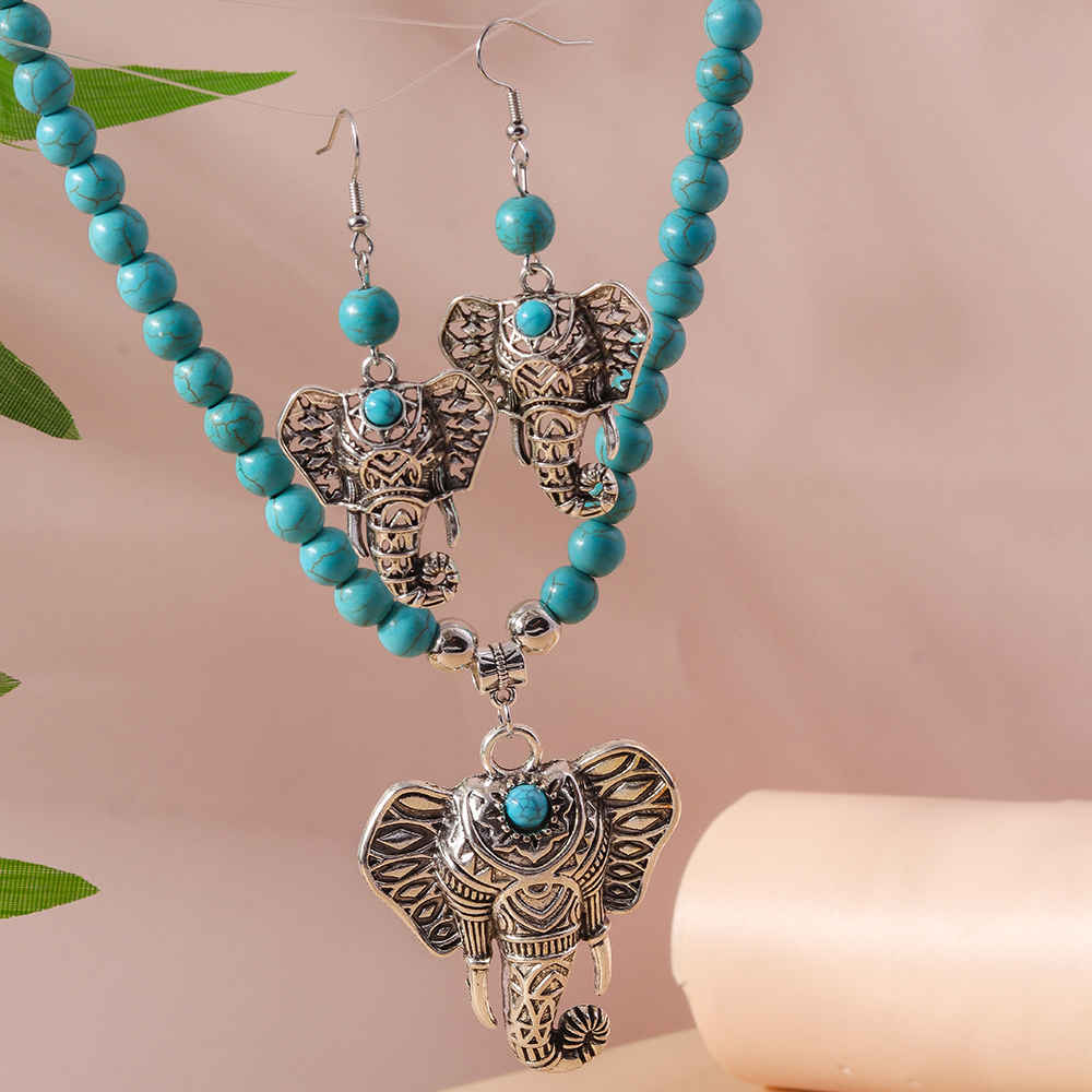 Vintage Style Elephant Turquoise Zinc Alloy Beaded Women's Jewelry Set display picture 4