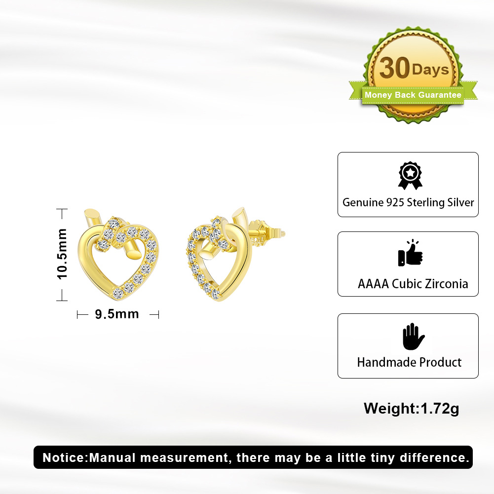 1 Pair Sweet Simple Style Korean Style Heart Shape Plating Inlay Sterling Silver Zircon 14k Gold Plated White Gold Plated Silver Plated Ear Studs display picture 6