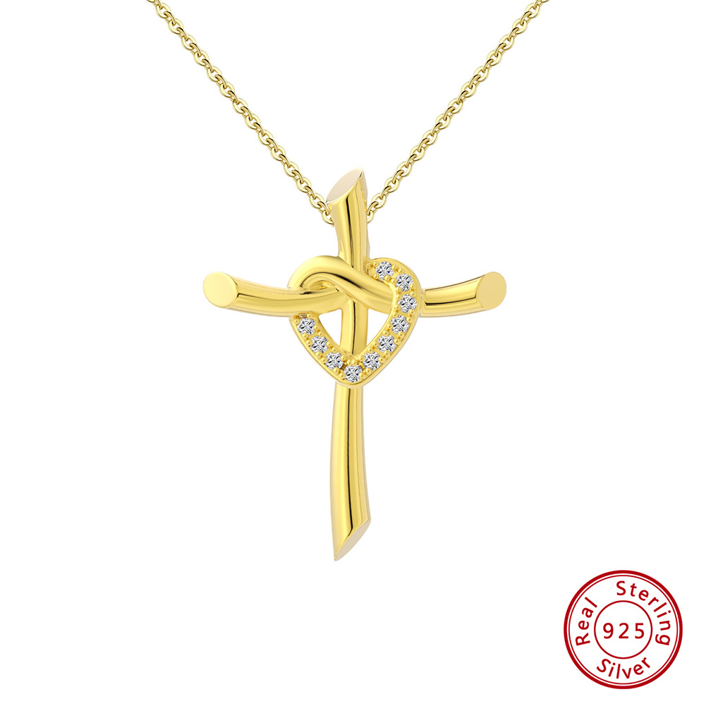 Simple Style Classic Style Cross Heart Shape Sterling Silver Polishing Plating Inlay Zircon 14k Gold Plated White Gold Plated Pendant Necklace display picture 2