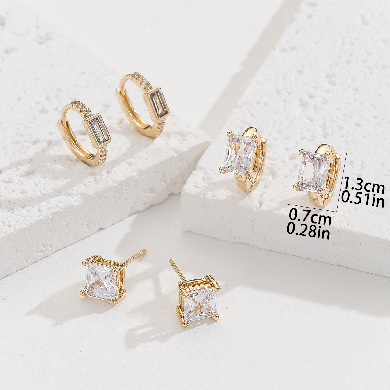 3 Pairs Simple Style Square Plating Inlay Copper Zircon Gold Plated Ear Studs display picture 5