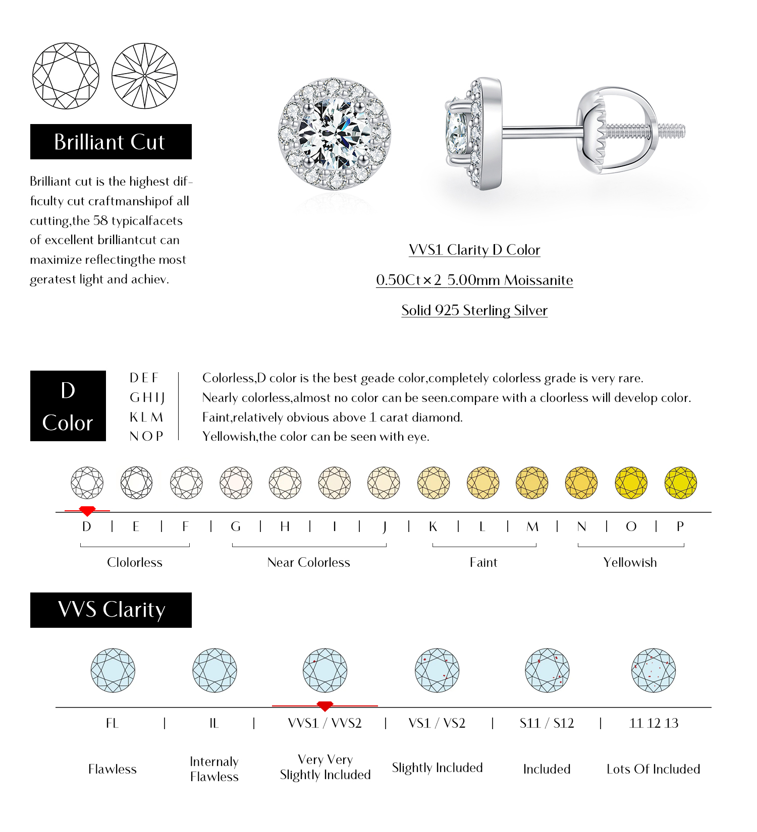 Ig Style Elegant Geometric Sterling Silver Gra Plating Inlay Moissanite Rhodium Plated Ear Studs display picture 5