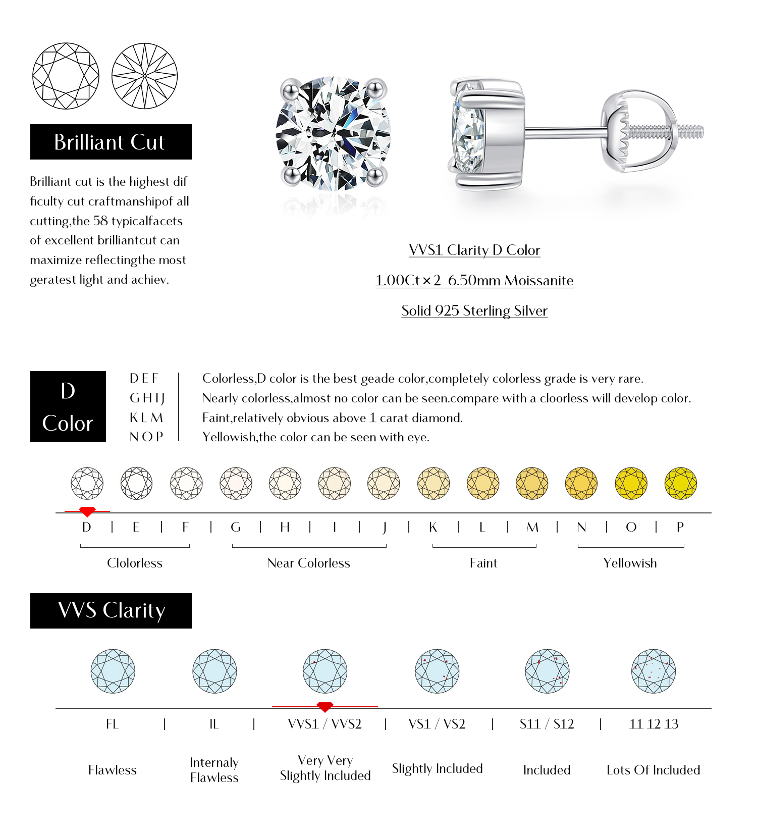 Ig Style Elegant Geometric Solid Color Sterling Silver Gra Plating Inlay Moissanite Rhodium Plated Ear Studs display picture 5