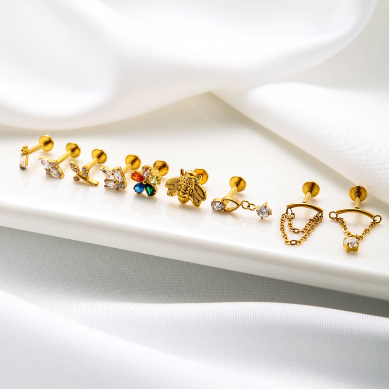 1 Piece Ig Style Vintage Style Geometric Flower Bow Knot Plating Inlay Titanium Alloy Zircon 18k Gold Plated Lip Stud Ear Studs display picture 5