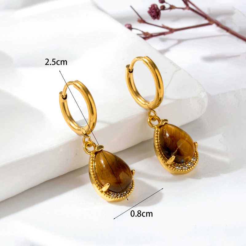 1 Pair Vintage Style Geometric Water Droplets Heart Shape Plating Inlay Stainless Steel Copper Natural Stone Drop Earrings display picture 5