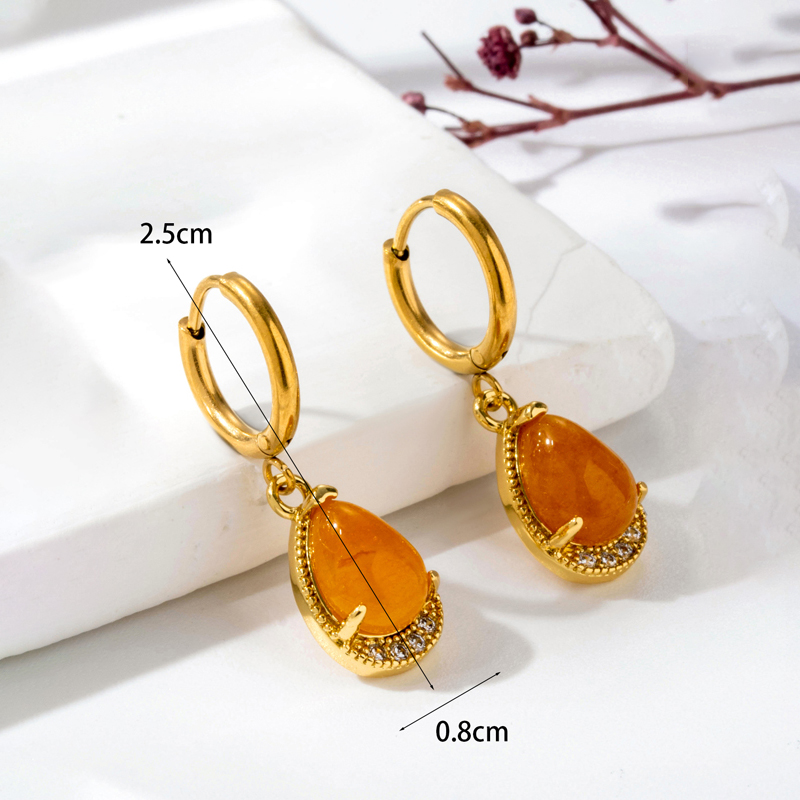 1 Pair Vintage Style Geometric Water Droplets Heart Shape Plating Inlay Stainless Steel Copper Natural Stone Drop Earrings display picture 12