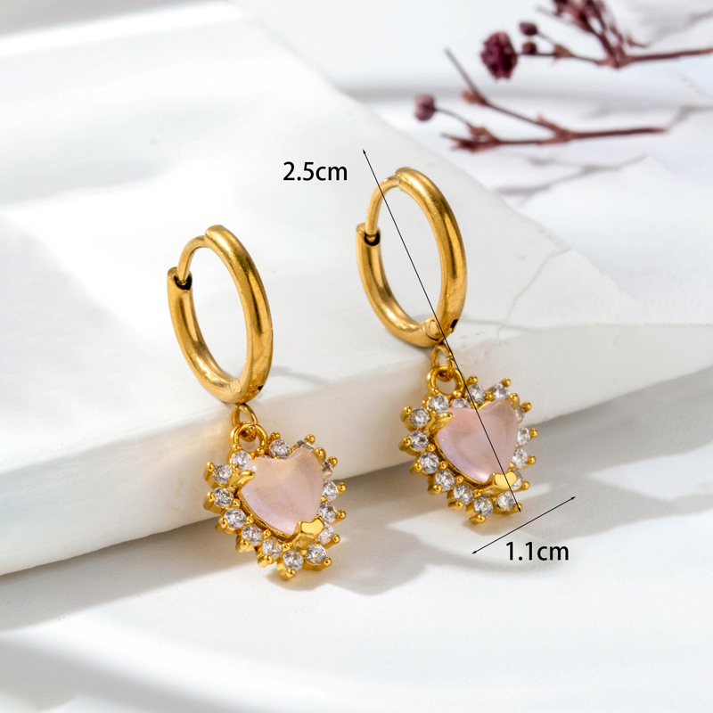 1 Pair Vintage Style Geometric Water Droplets Heart Shape Plating Inlay Stainless Steel Copper Natural Stone Drop Earrings display picture 8