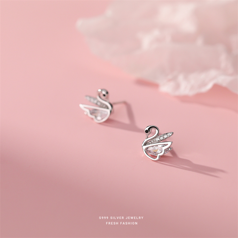 1 Pair Casual Simple Style Swan Plating Inlay Sterling Silver Rhinestones Rose Gold Plated White Gold Plated Ear Studs display picture 4