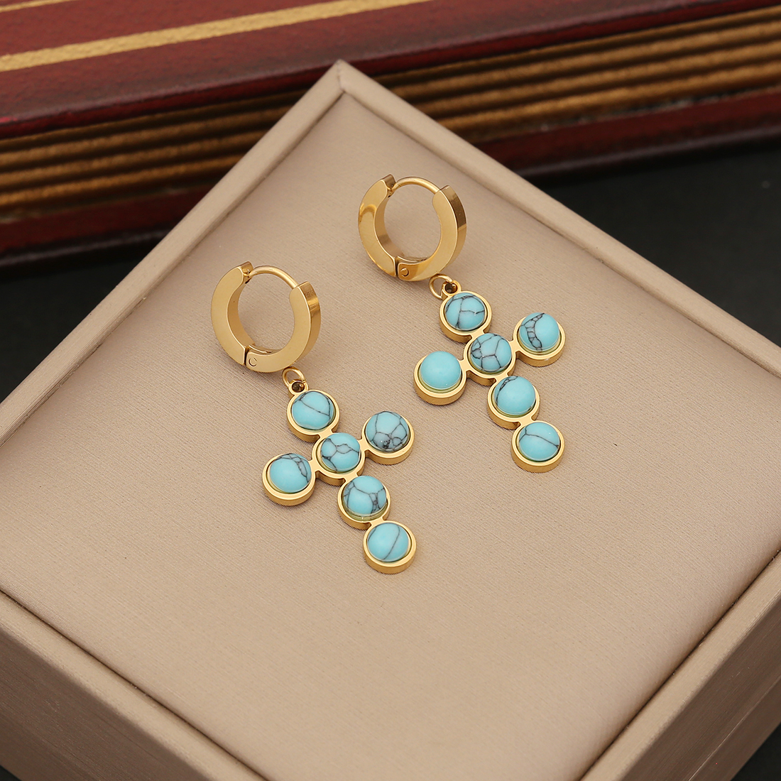 Stainless Steel 18K Gold Plated Vintage Style Plating Inlay Cross Turquoise Jewelry Set display picture 4