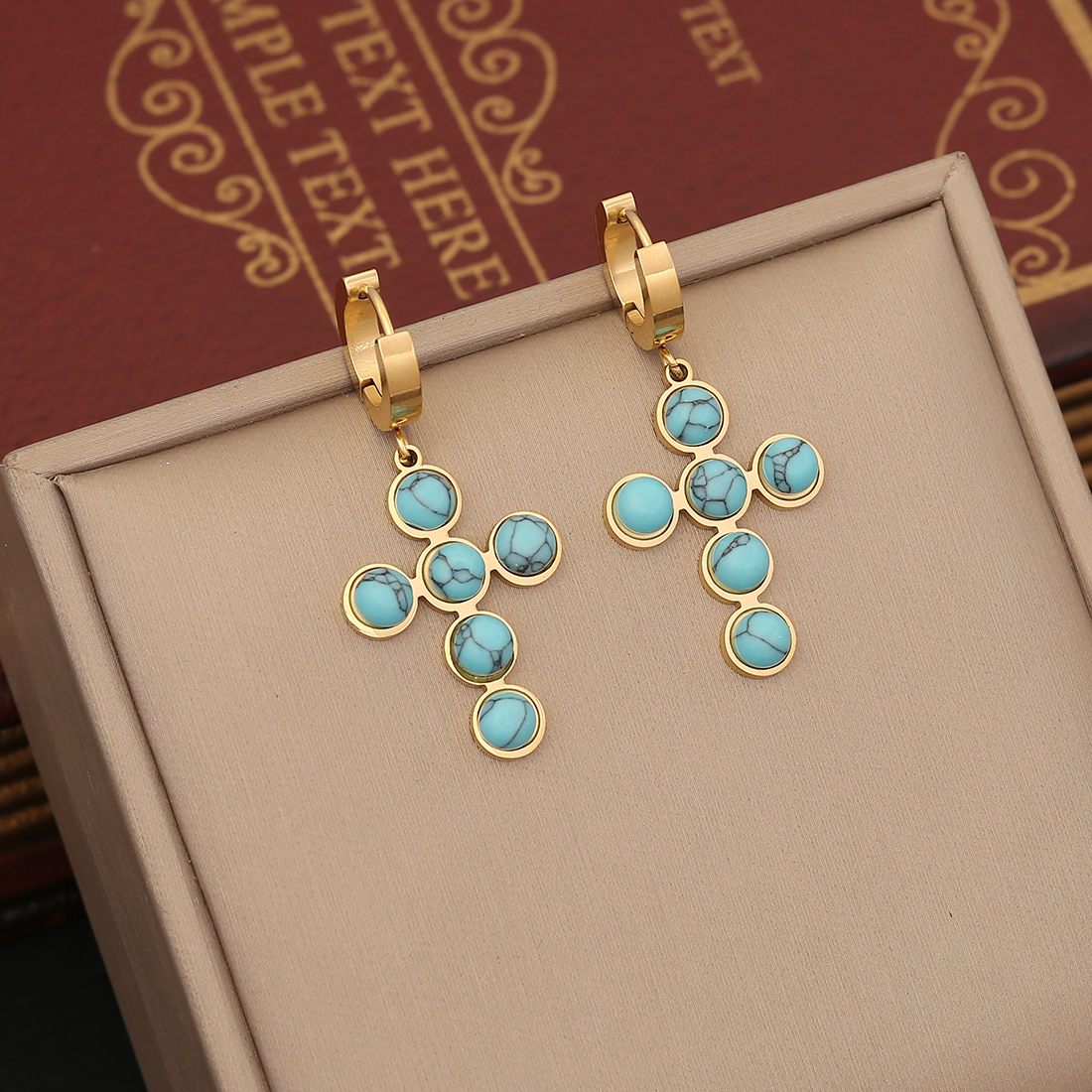 Stainless Steel 18K Gold Plated Vintage Style Plating Inlay Cross Turquoise Jewelry Set display picture 3