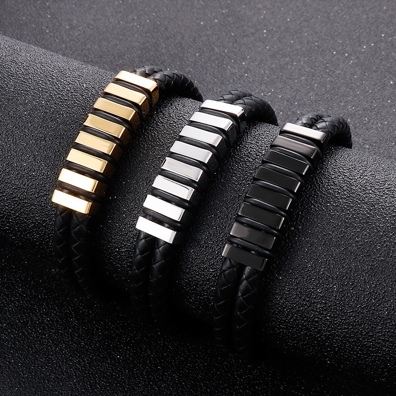 Hip-Hop Retro Color Block Stainless Steel Pu Leather Plating 18K Gold Plated Men's Bangle display picture 1