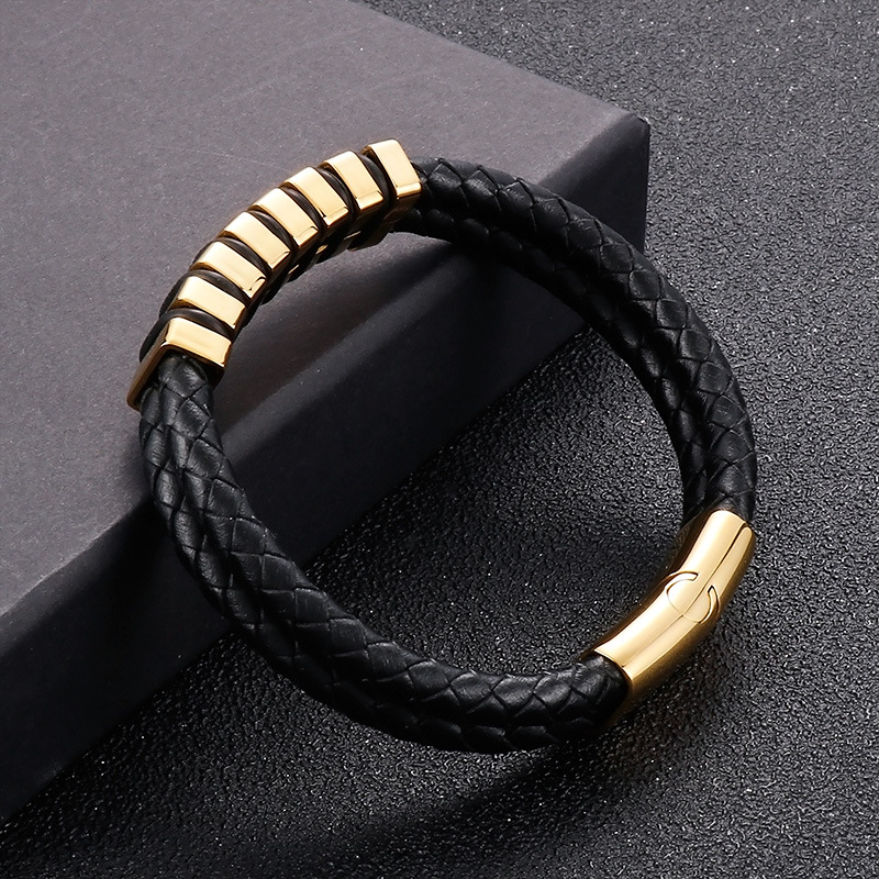 Hip Hop Retro Bloque De Color Acero Inoxidable Cuero Sintético Enchapado Chapados en oro de 18k Hombres Brazalete display picture 2