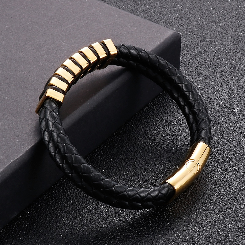 Hip-Hop Retro Color Block Stainless Steel Pu Leather Plating 18K Gold Plated Men's Bangle display picture 2