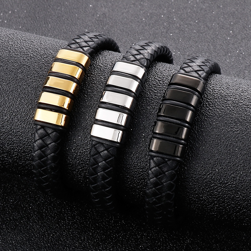 Hip-hop Punk Geometric Color Block Argyle Cowhide Titanium Steel Plating Men's Bracelets display picture 1