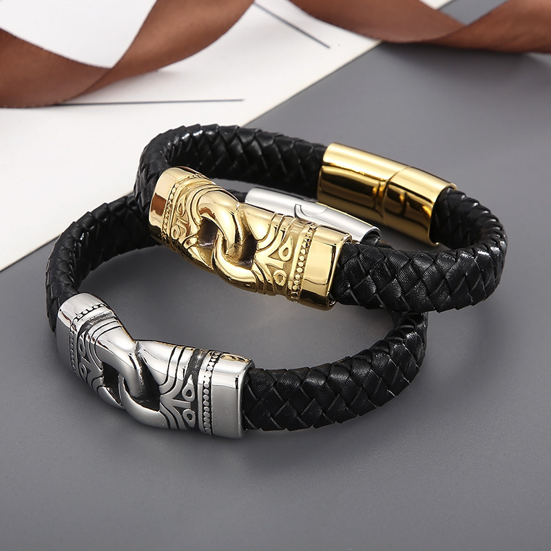 Retro Color Block Pu Leather Titanium Steel Plating 18K Gold Plated Men's Bangle display picture 1
