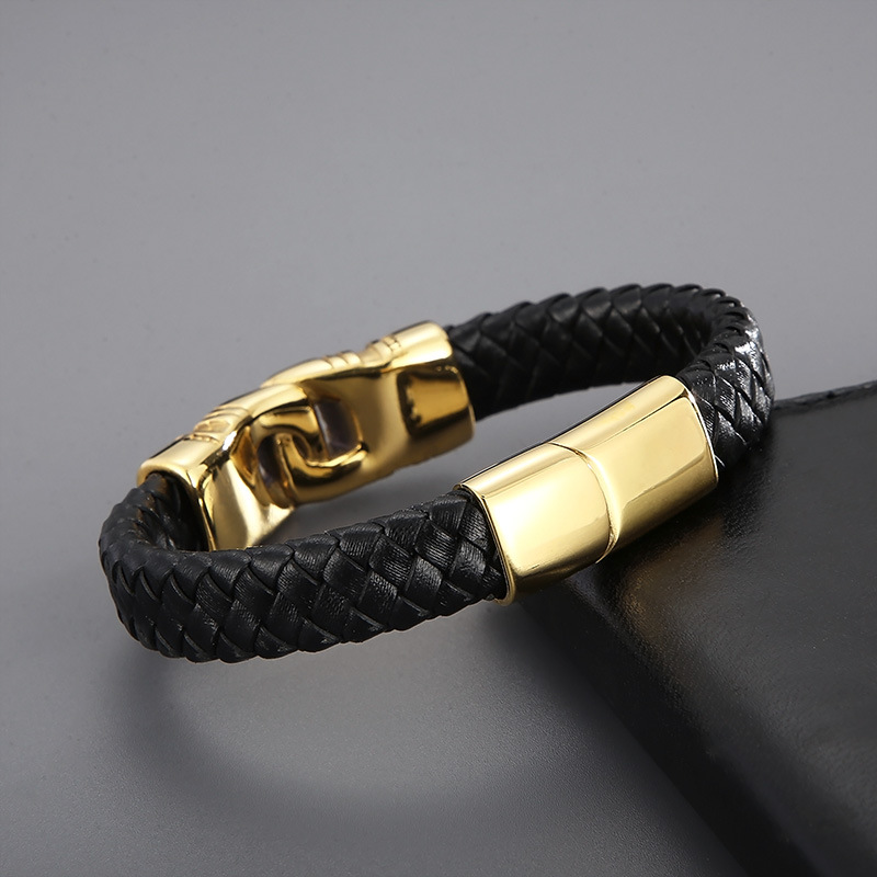 Retro Color Block Pu Leather Titanium Steel Plating 18K Gold Plated Men's Bangle display picture 7