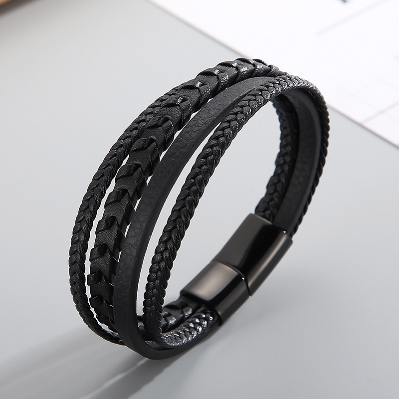 Classic Style Commute Solid Color Pu Leather Braid Men's Bangle display picture 2
