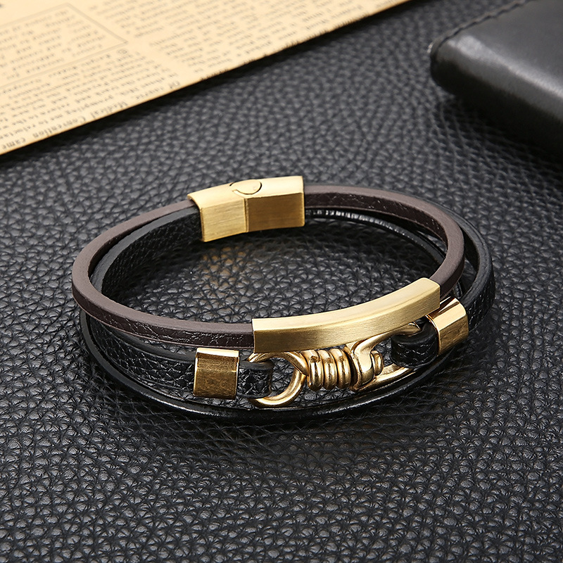 Hip-Hop Retro Color Block Pu Leather Titanium Steel Plating 18K Gold Plated Men's Wristband display picture 1