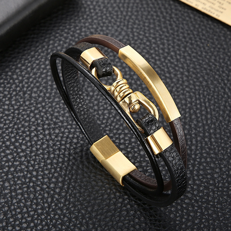 Hip-Hop Retro Color Block Pu Leather Titanium Steel Plating 18K Gold Plated Men's Wristband display picture 2