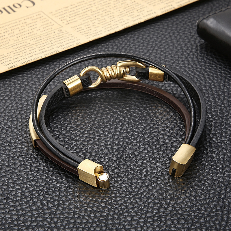 Hip-Hop Retro Color Block Pu Leather Titanium Steel Plating 18K Gold Plated Men's Wristband display picture 3
