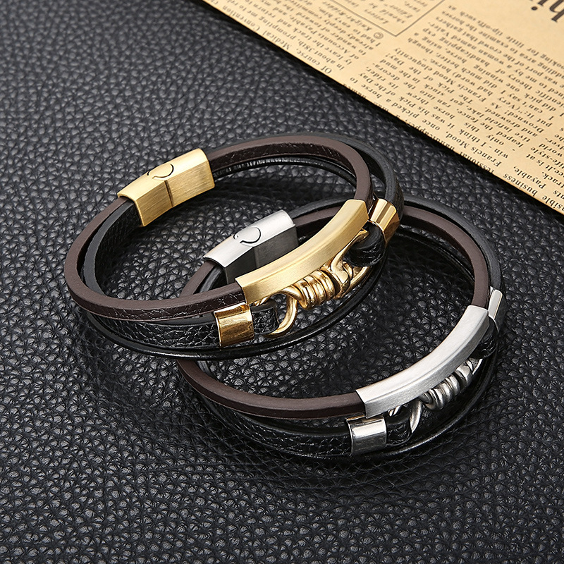 Hip-Hop Retro Color Block Pu Leather Titanium Steel Plating 18K Gold Plated Men's Wristband display picture 4