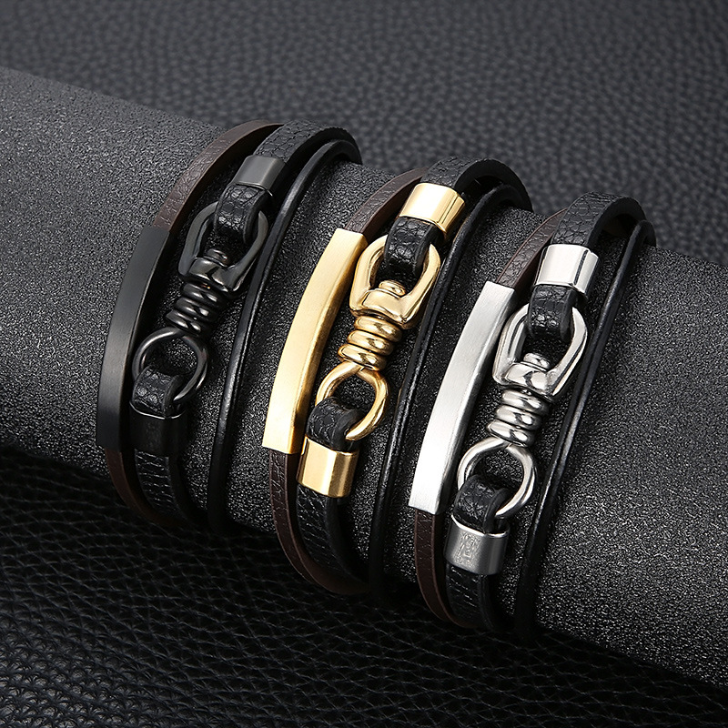Hip-Hop Retro Color Block Pu Leather Titanium Steel Plating 18K Gold Plated Men's Wristband display picture 6