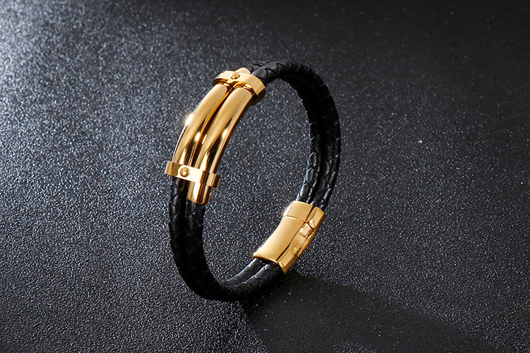 Hip-Hop Retro Color Block Pu Leather Titanium Steel Plating 18K Gold Plated Men's Bangle display picture 1