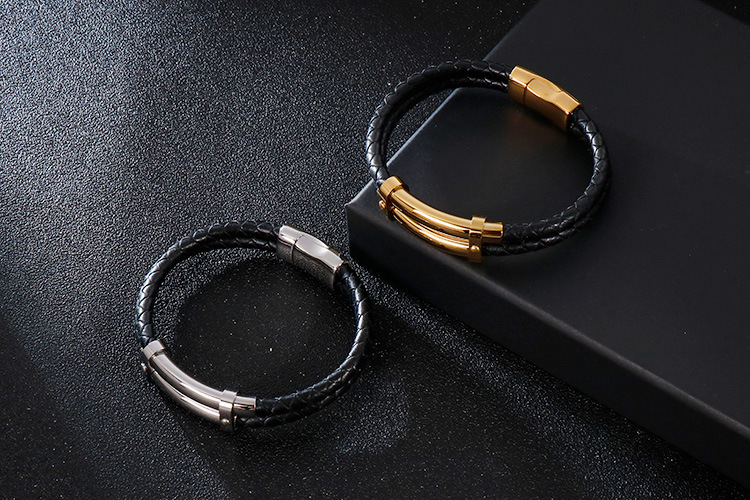 Hip-Hop Retro Color Block Pu Leather Titanium Steel Plating 18K Gold Plated Men's Bangle display picture 3
