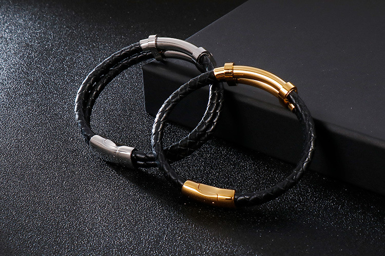 Hip-Hop Retro Color Block Pu Leather Titanium Steel Plating 18K Gold Plated Men's Bangle display picture 4
