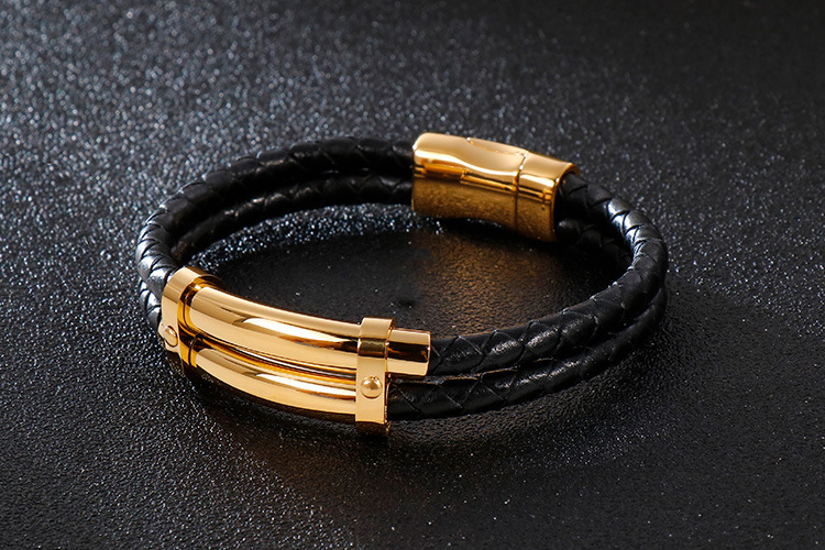 Hip-Hop Retro Color Block Pu Leather Titanium Steel Plating 18K Gold Plated Men's Bangle display picture 5
