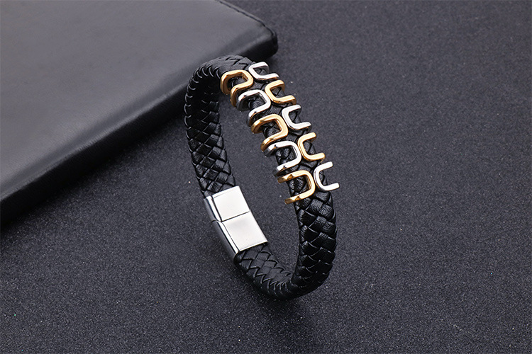 Hip Hop Retro Bloque De Color Cuero Sintético Acero Titanio Enchapado Hombres Brazalete display picture 5