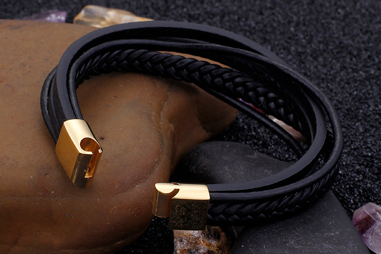 Retro Color Block Pu Leather Titanium Steel Braid 18K Gold Plated Men's Bracelets display picture 2