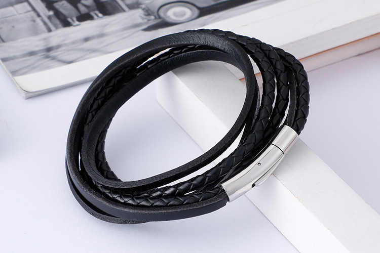 Hip-hop Retro Color Block Stainless Steel Pu Leather Braid Men's Bangle display picture 2