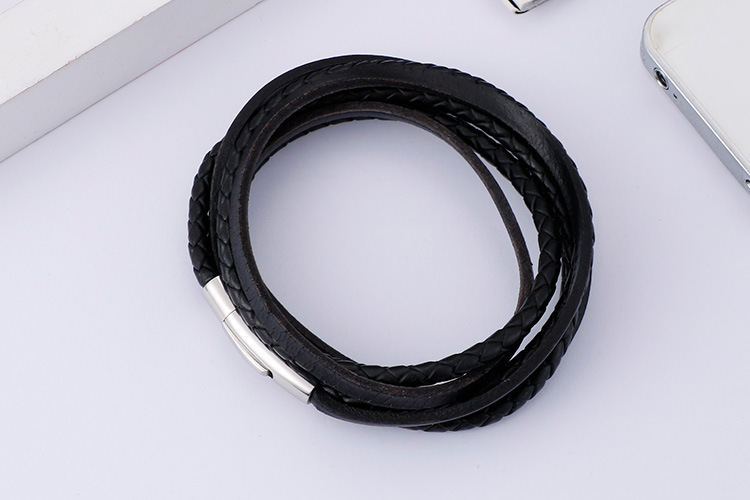 Hip-hop Retro Color Block Stainless Steel Pu Leather Braid Men's Bangle display picture 4